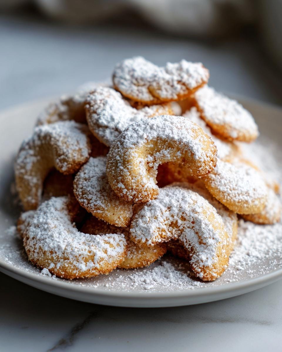 Pile of freshly baked Vanillekipferl cookies, generously dusted with powdered sugar on a white plate.