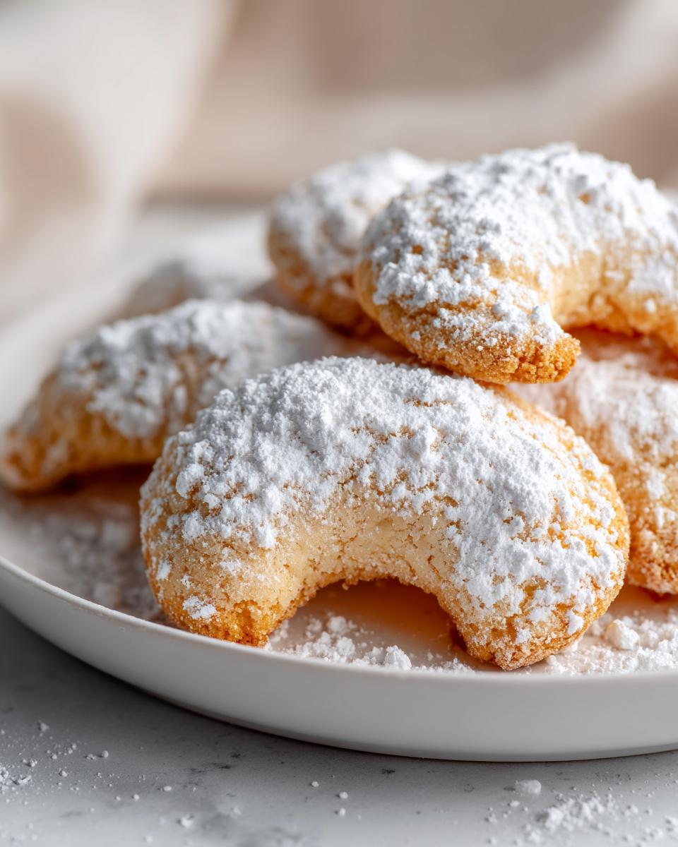 Close-up of Vanillekipferl cookies, crescent-shaped and dusted with powdered sugar, on a white plate.