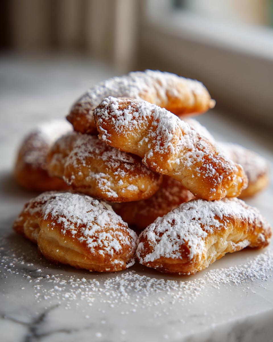 A stack of delicious, crescent-shaped Vanillekipferl cookies generously dusted with powdered sugar.