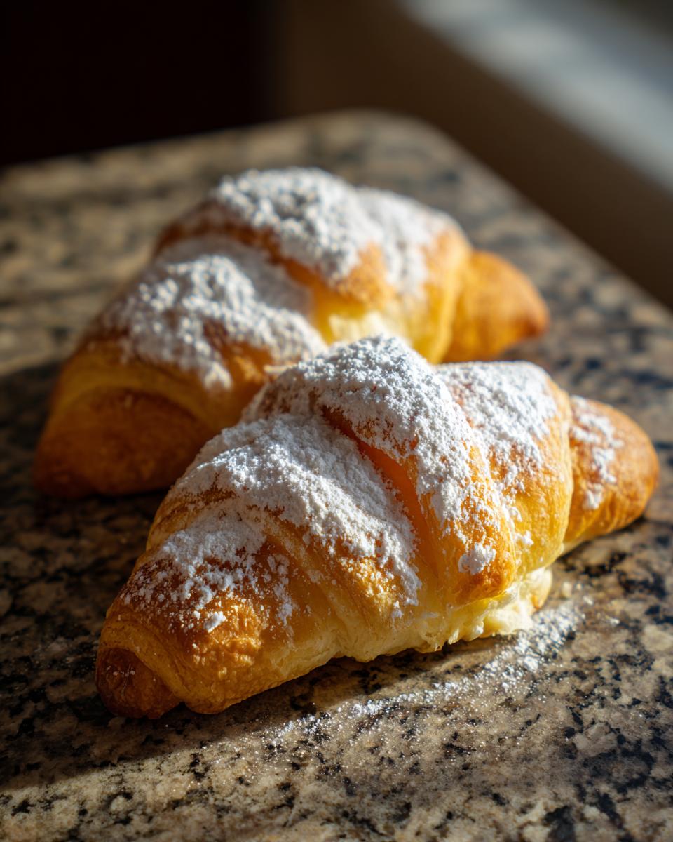 Two crescent-shaped Vanillekipferl cookies generously dusted with powdered sugar, ready to eat.