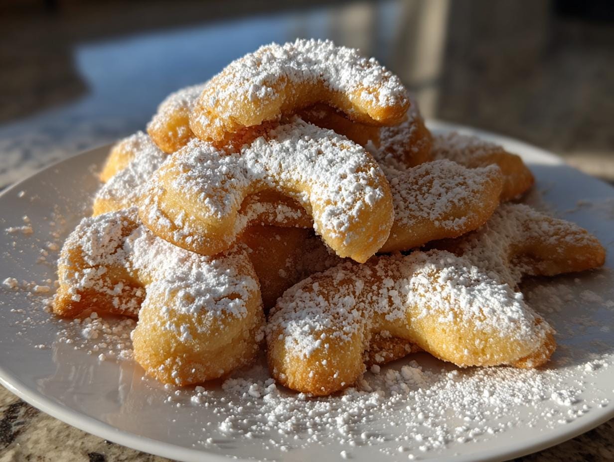 Pile of freshly baked Vanillekipferl cookies, generously dusted with powdered sugar.