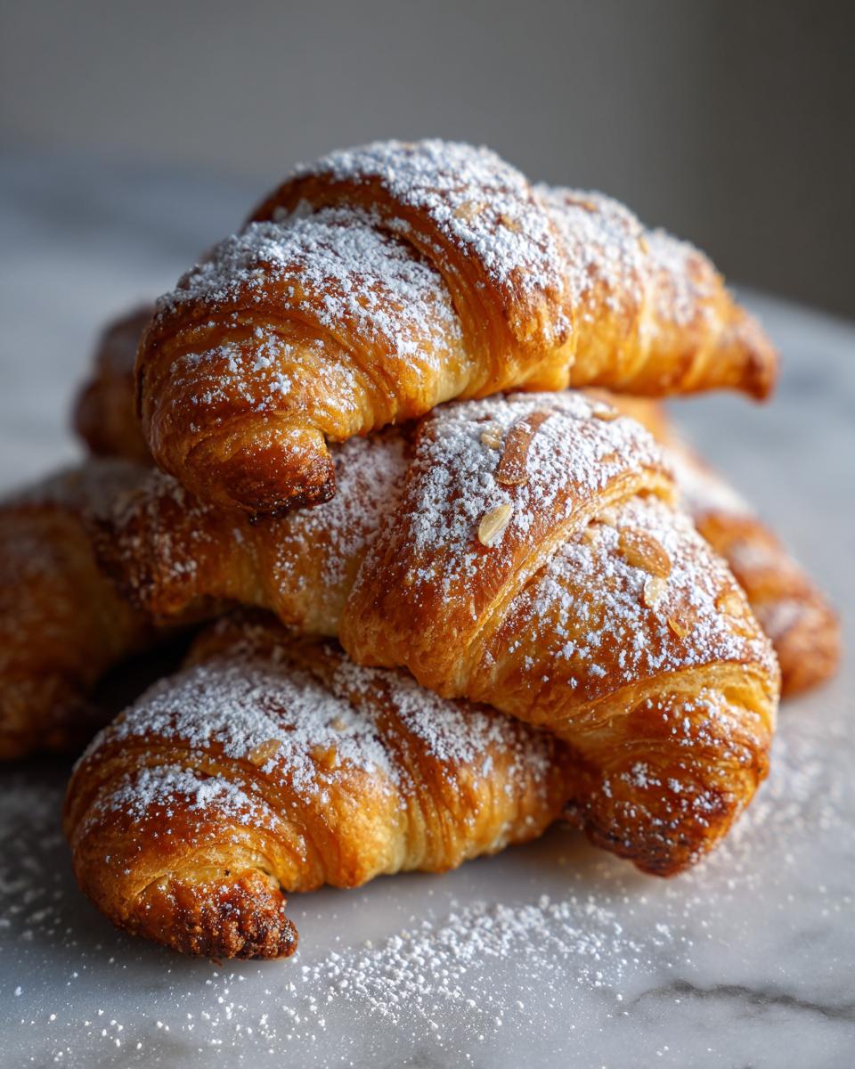 A stack of golden Vanillekipferl cookies, generously dusted with powdered sugar.