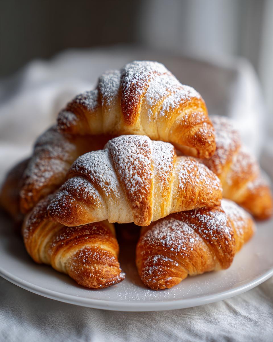 A stack of golden Vanillekipferl cookies, generously dusted with powdered sugar, on a white plate.