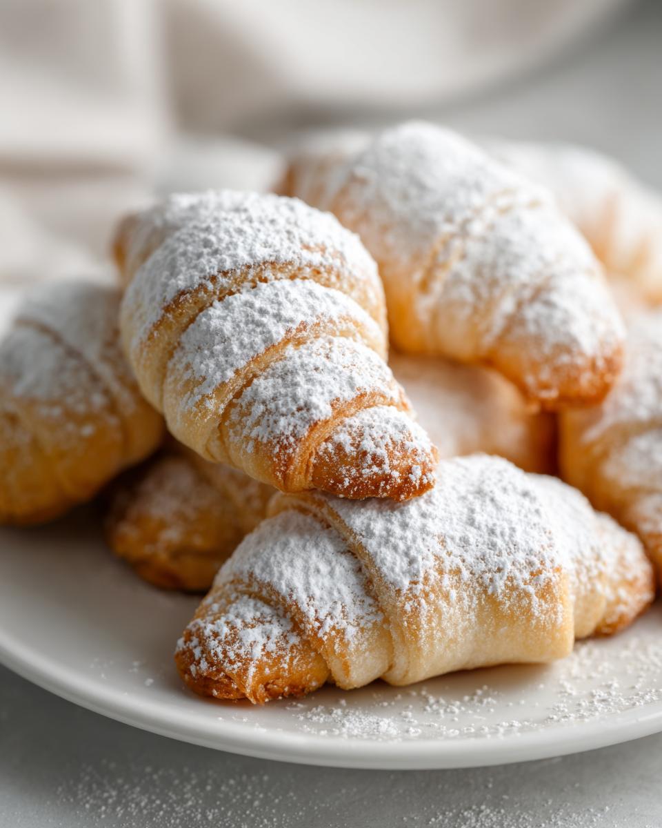 Close-up of Vanillekipferl – Omas einfaches Rezept cookies piled on a white plate, dusted with powdered sugar.