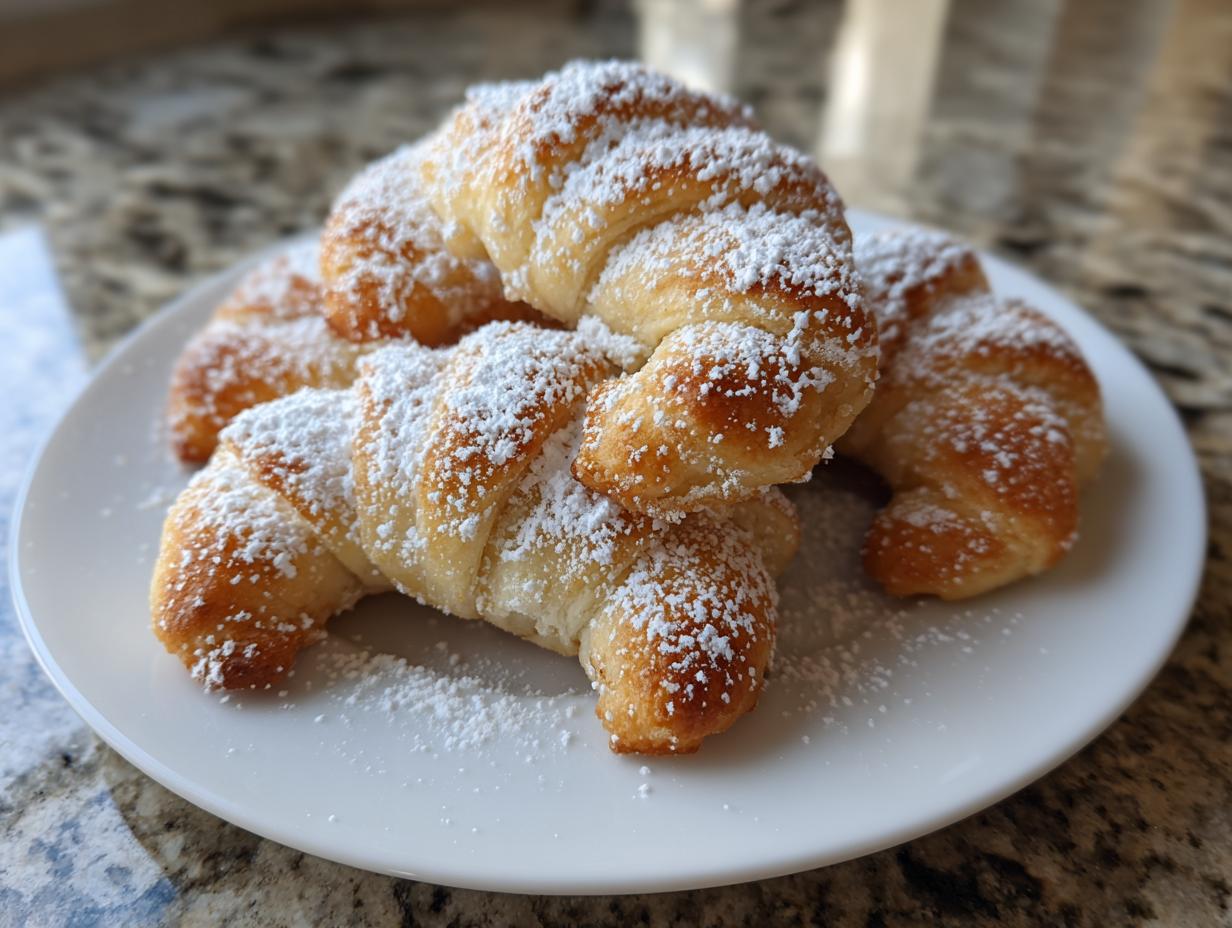 Close-up of Vanillekipferl dusted with powdered sugar on a white plate, showcasing Omas einfaches Rezept.
