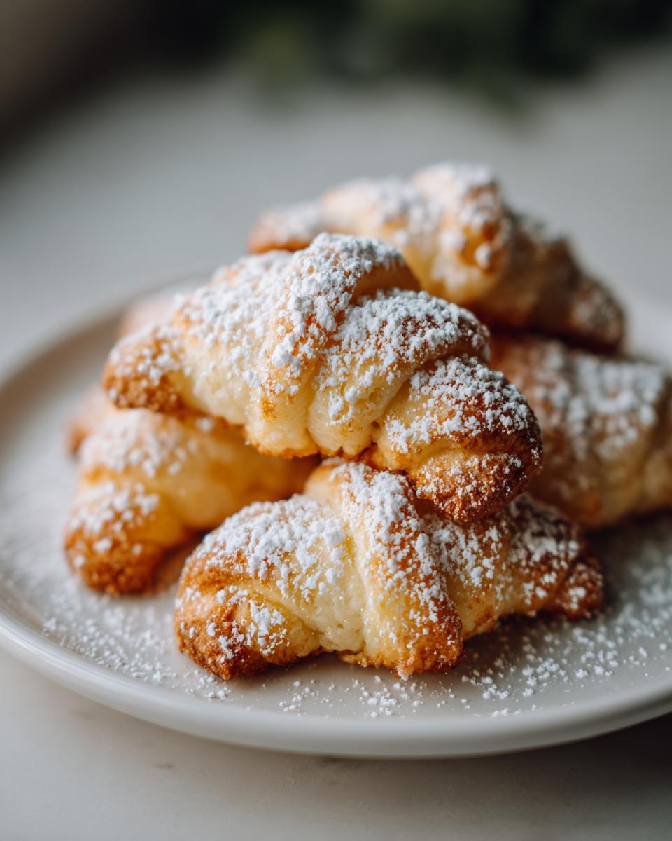 Close-up of Vanillekipferl – Omas einfaches Rezept cookies piled on a white plate, dusted with powdered sugar.