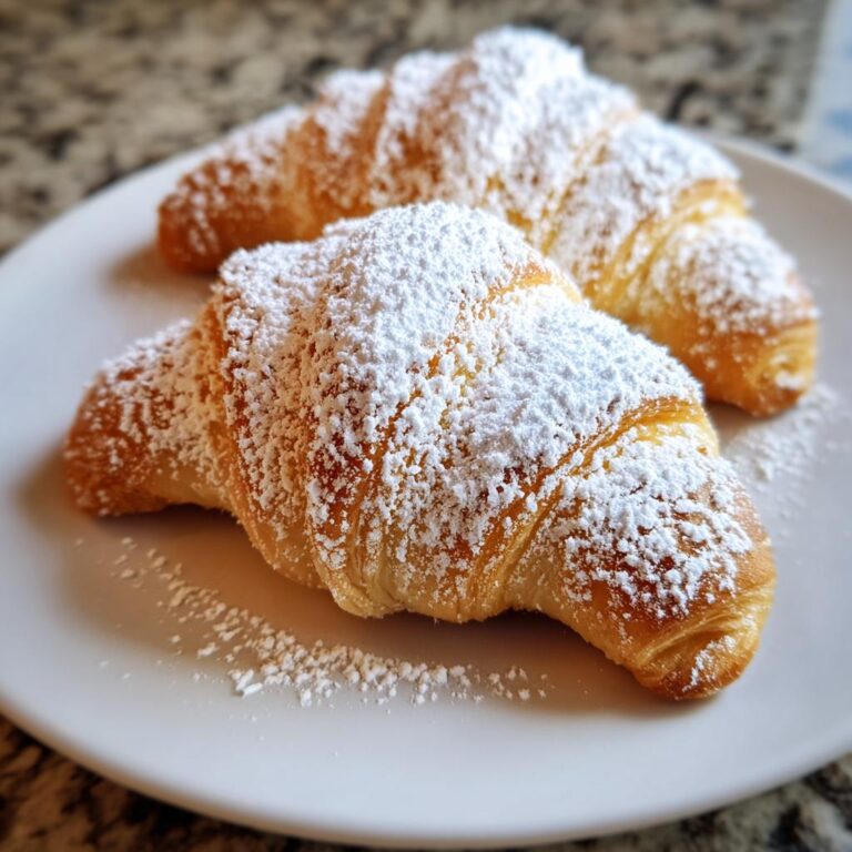 Two Vanillekipferl cookies covered in powdered sugar on a white plate.