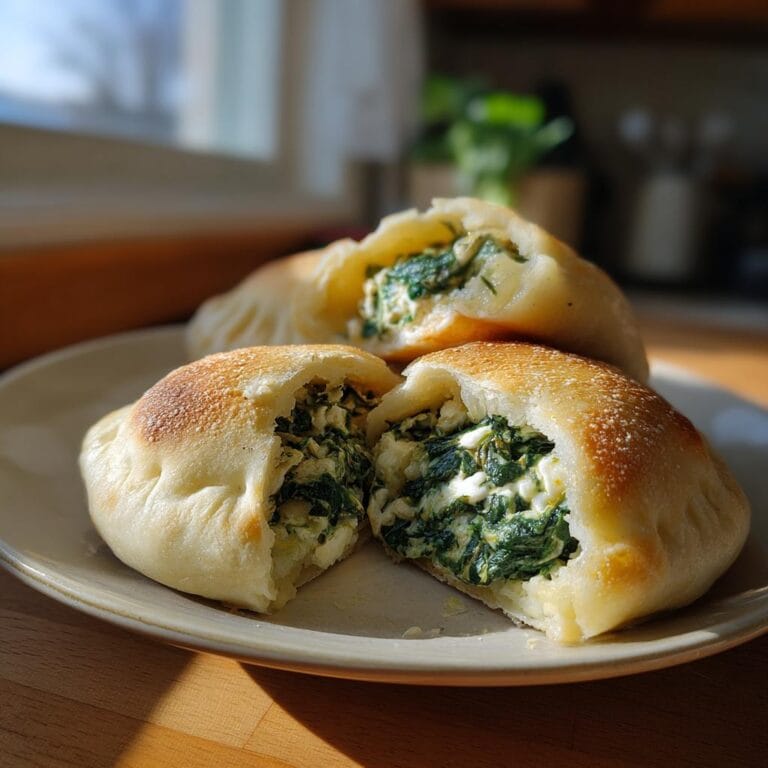 Close-up of Vegane Kartoffeltaschen mit Spinat-Frischkäse-Füllung, showing the creamy spinach filling.