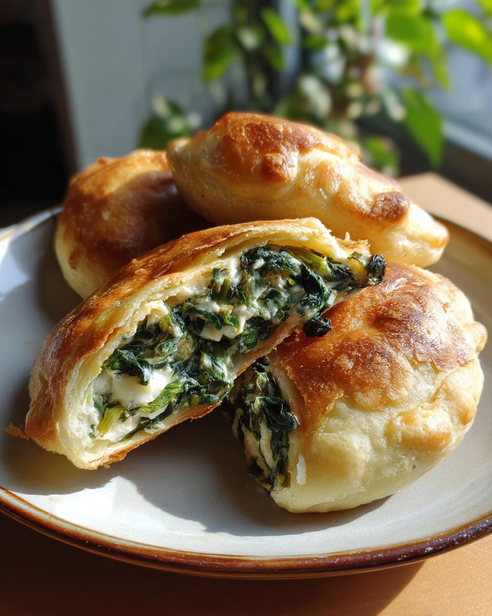 Close-up of Vegane Kartoffeltaschen mit Spinat-Frischkäse-Füllung, showing the spinach and cheese filling.
