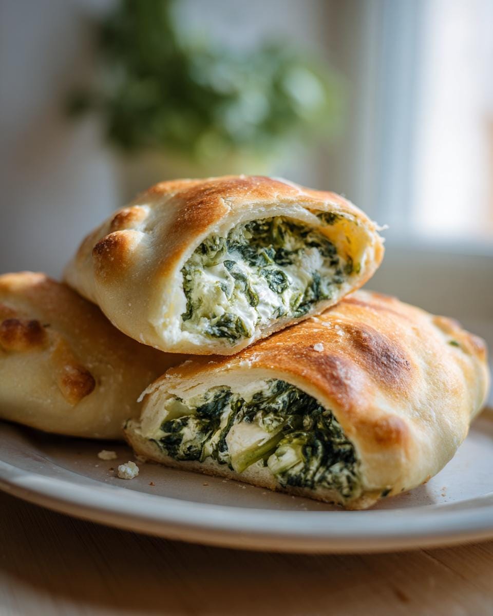 Close-up of Vegane Kartoffeltaschen mit Spinat-Frischkäse-Füllung, showing the spinach and cheese filling.