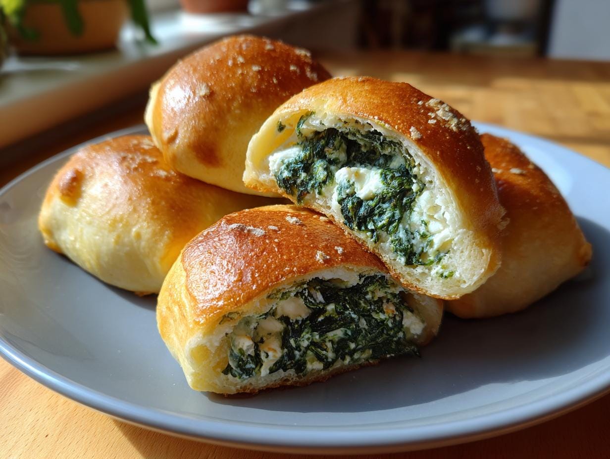 Close-up of Vegane Kartoffeltaschen mit Spinat-Frischkäse-Füllung, showcasing the spinach and cream cheese filling.