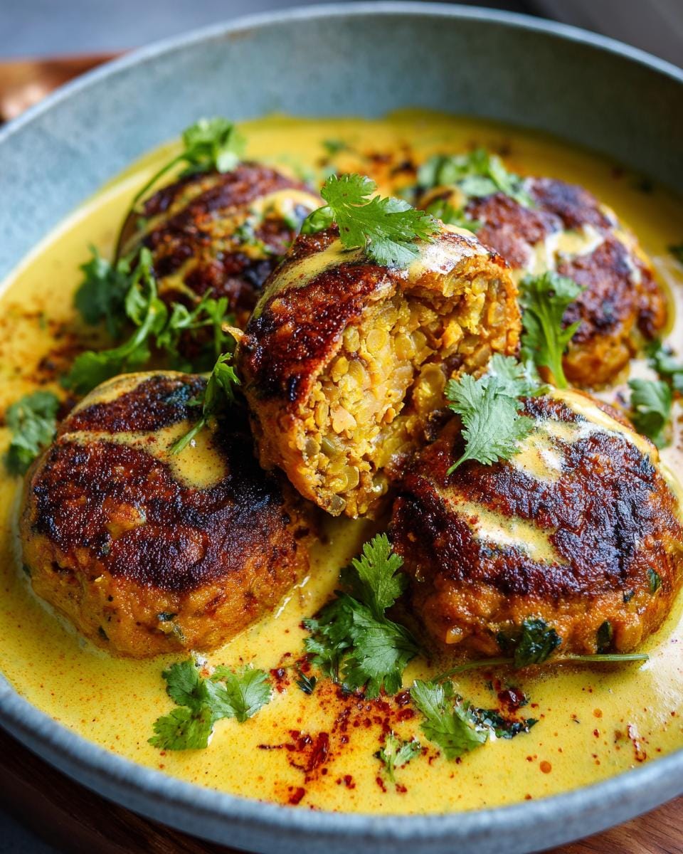 Close-up of Vegane Linsenknödel in Curry-Sauce, garnished with cilantro, showing the lentil filling.