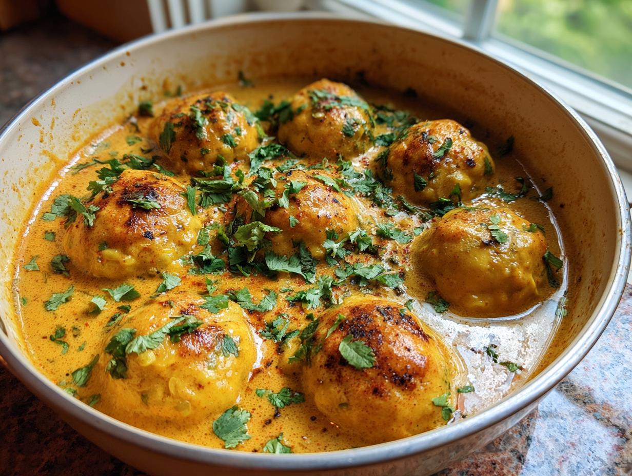 Vegane Linsenknödel in Curry Sauce, serviert in einem Topf und mit frischen Kräutern garniert.