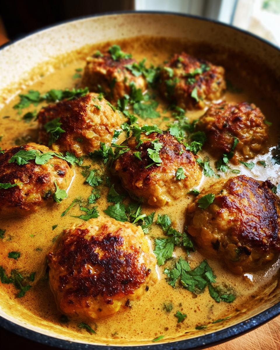 Vegane Linsenknödel in Curry Sauce, serviert in einem Topf und mit frischem Koriander garniert.