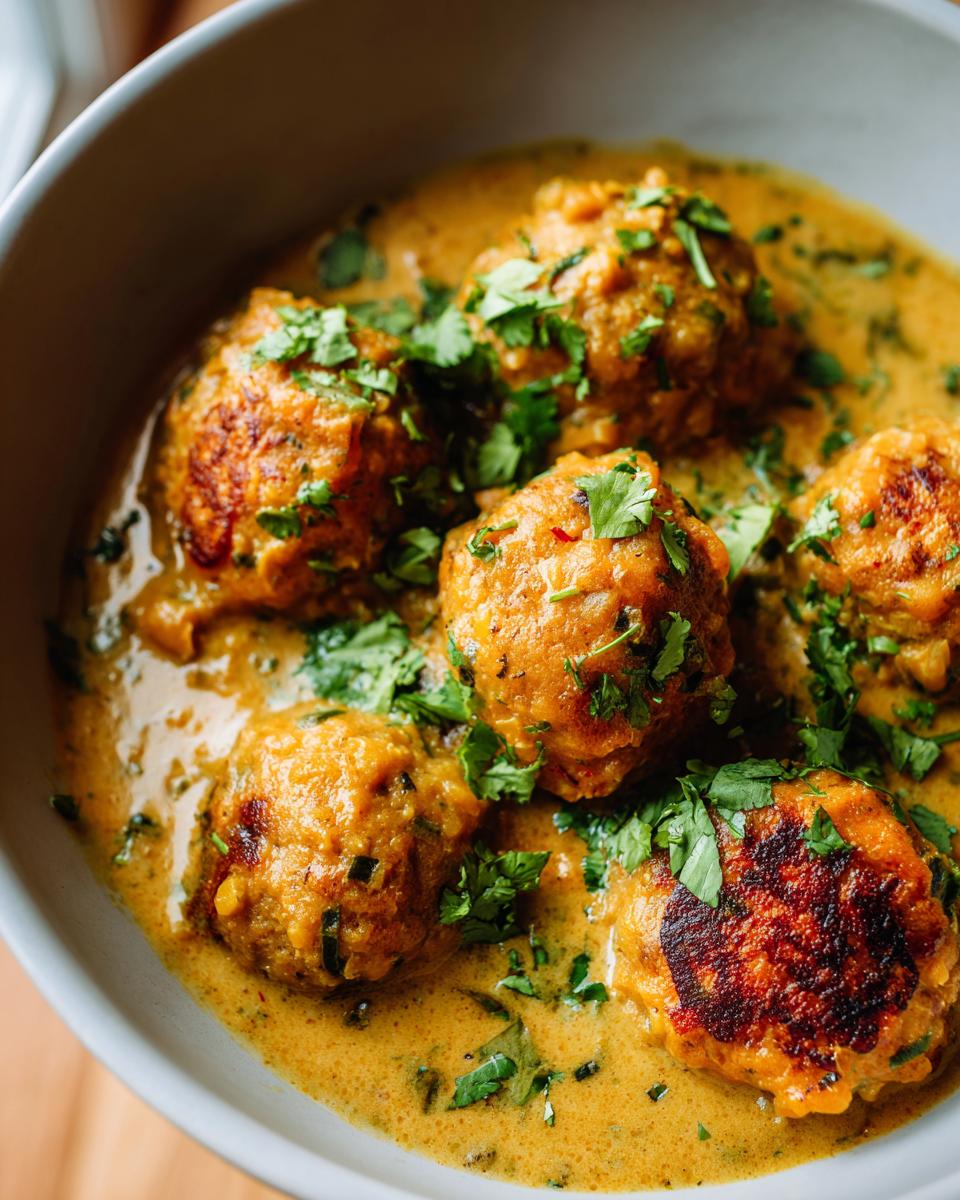 A bowl of Vegane Linsenknödel in Curry Sauce, garnished with fresh cilantro.