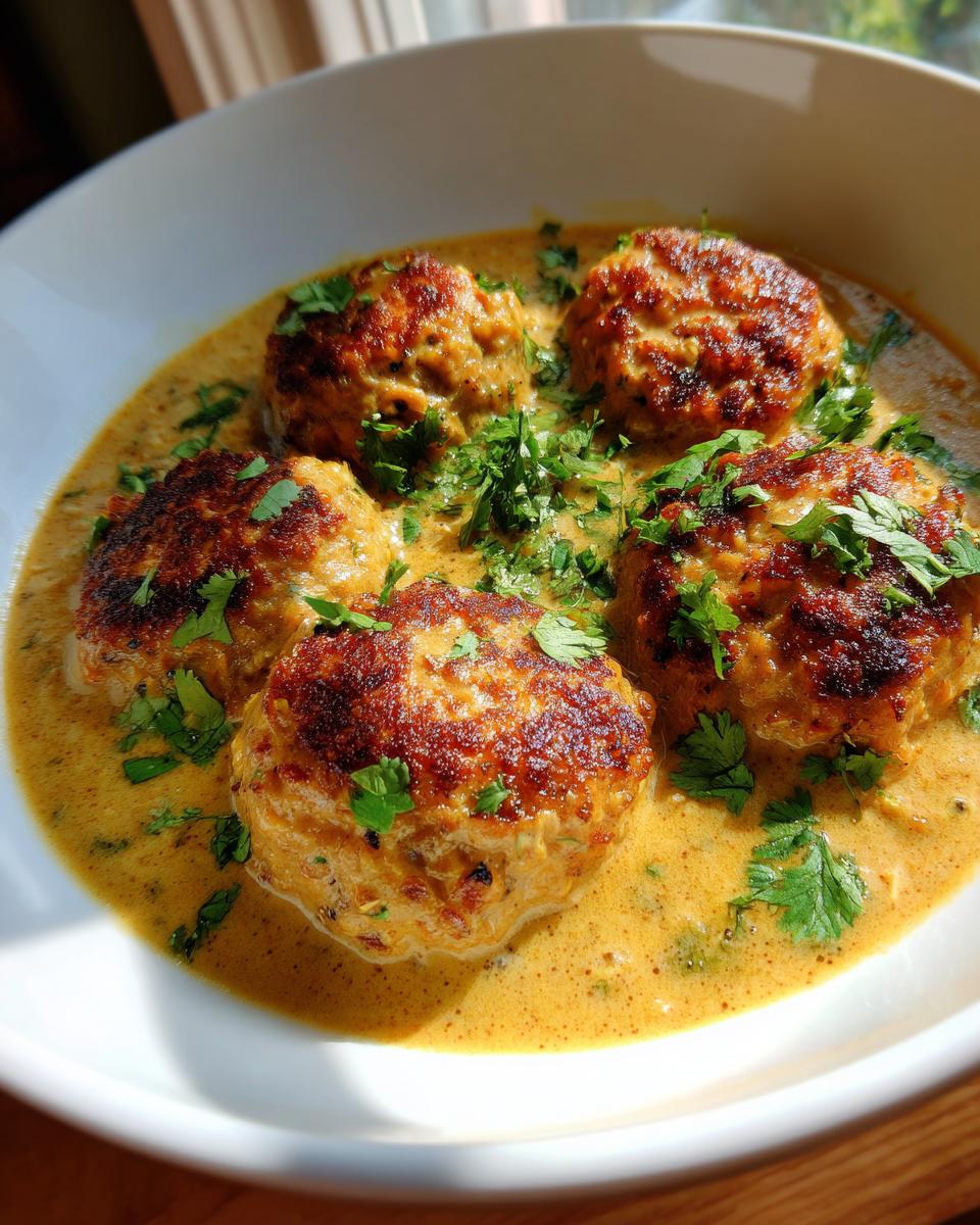 A bowl of Vegane Linsenknödel in Curry Sauce, garnished with fresh herbs.