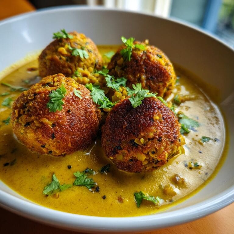 Bowl of Vegane Linsenknödel in Curry-Sauce, garnished with fresh cilantro.