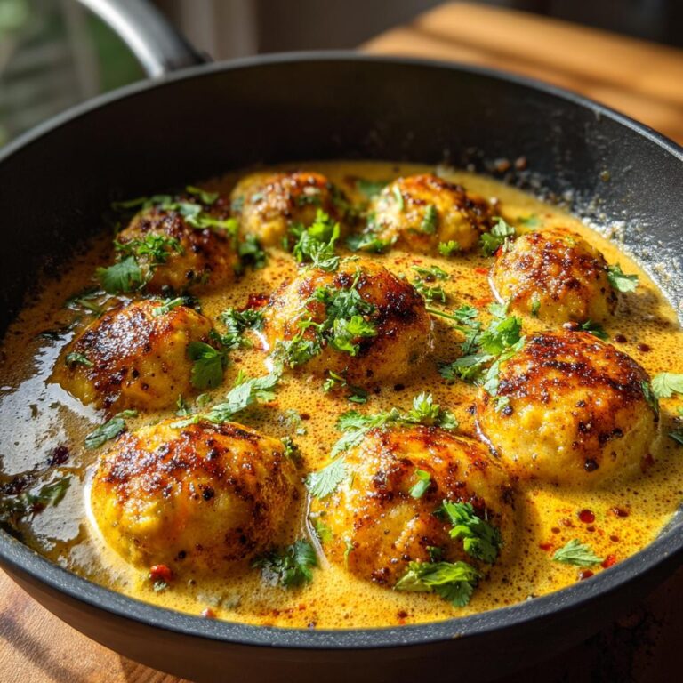 Vegane Linsenknödel in Curry Sauce, served in a pan and garnished with fresh cilantro.