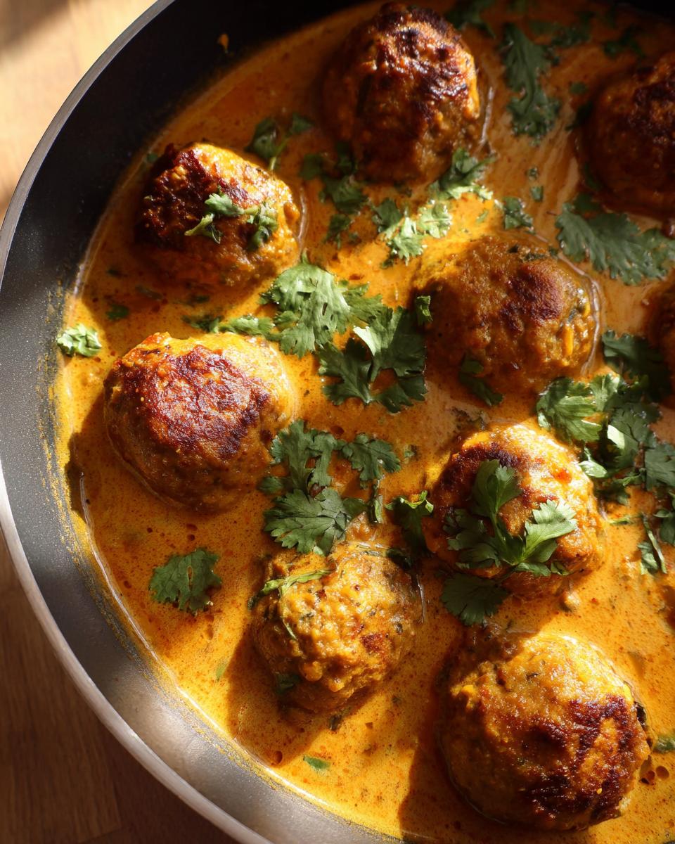 Close-up of Vegane Linsenknödel in Curry Sauce, garnished with cilantro, in a cooking pot.