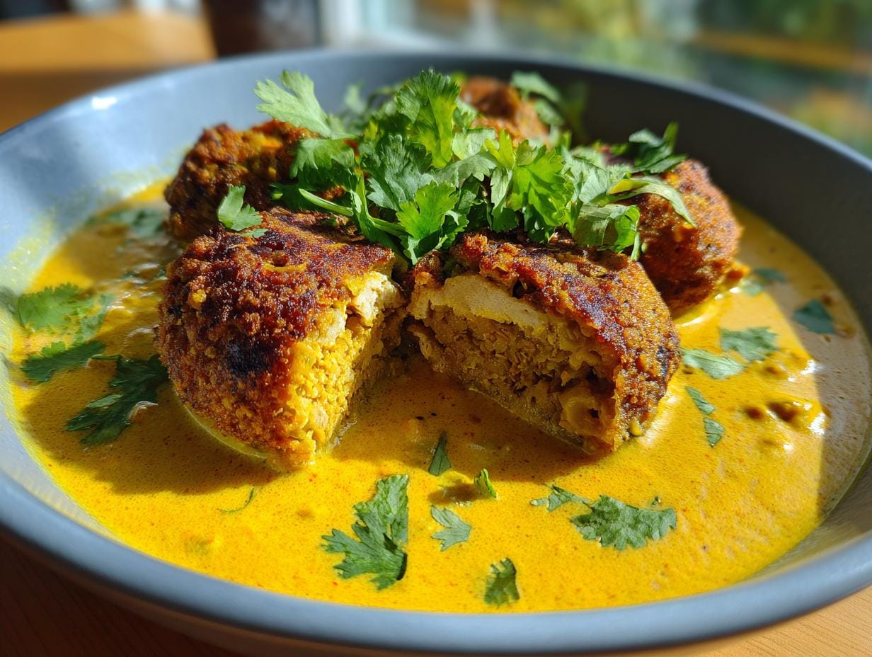 Close-up of Vegane Linsenknödel in Curry-Sauce, garnished with fresh cilantro in a gray bowl.
