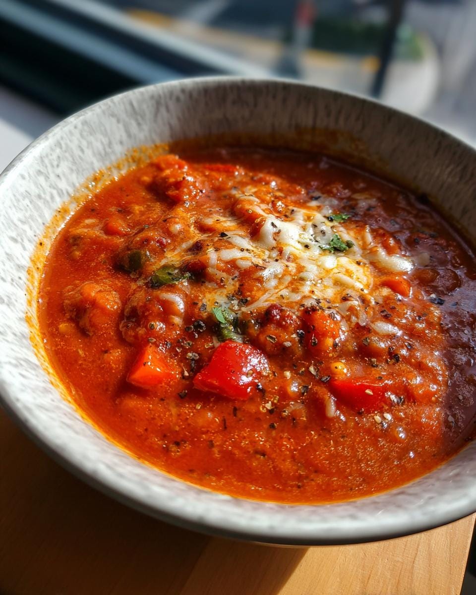 Bowl of Vegane Party Pizza Suppe, topped with melted vegan cheese and herbs. Ready to serve.