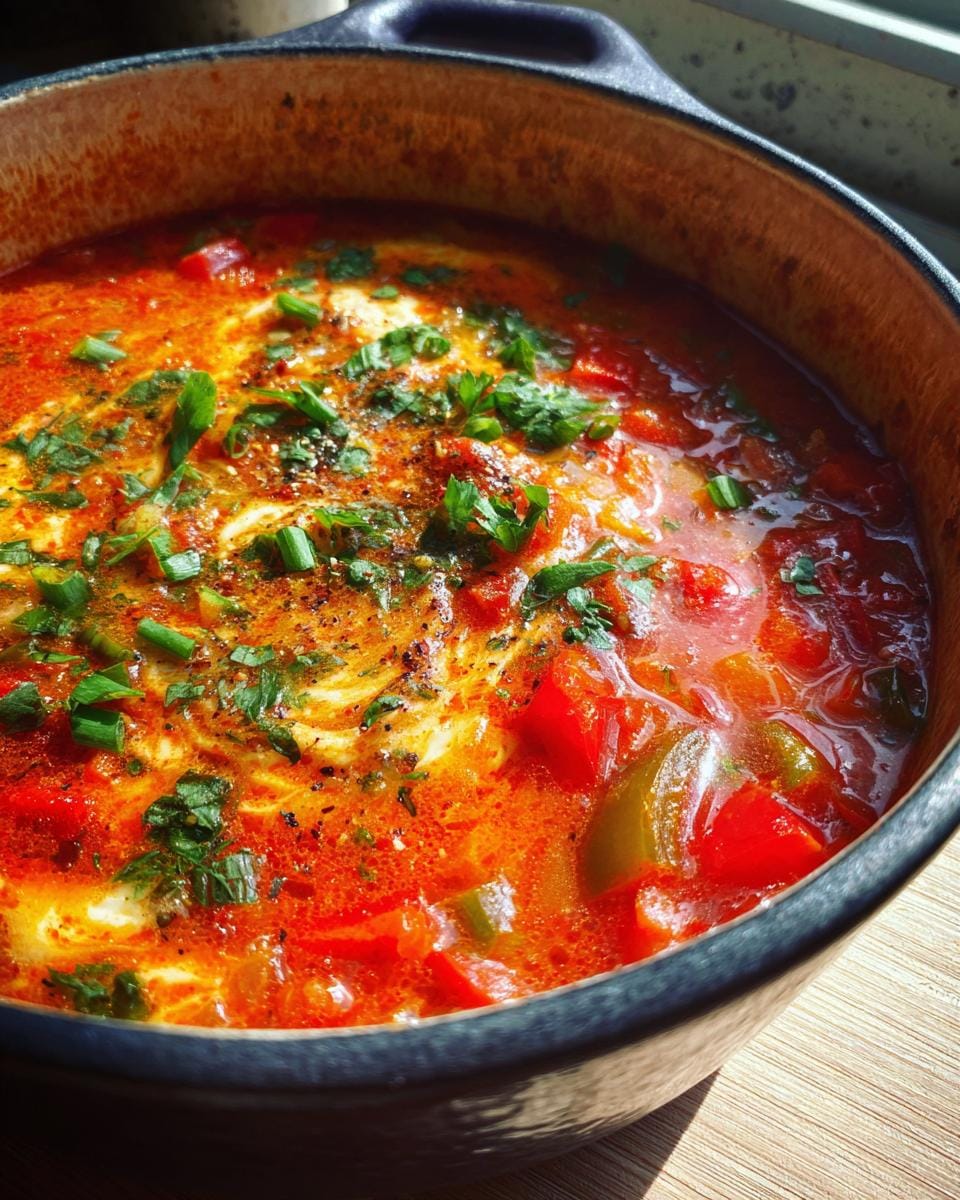 Close-up of Vegane Party Pizza Suppe in a bowl, garnished with fresh herbs and spices.