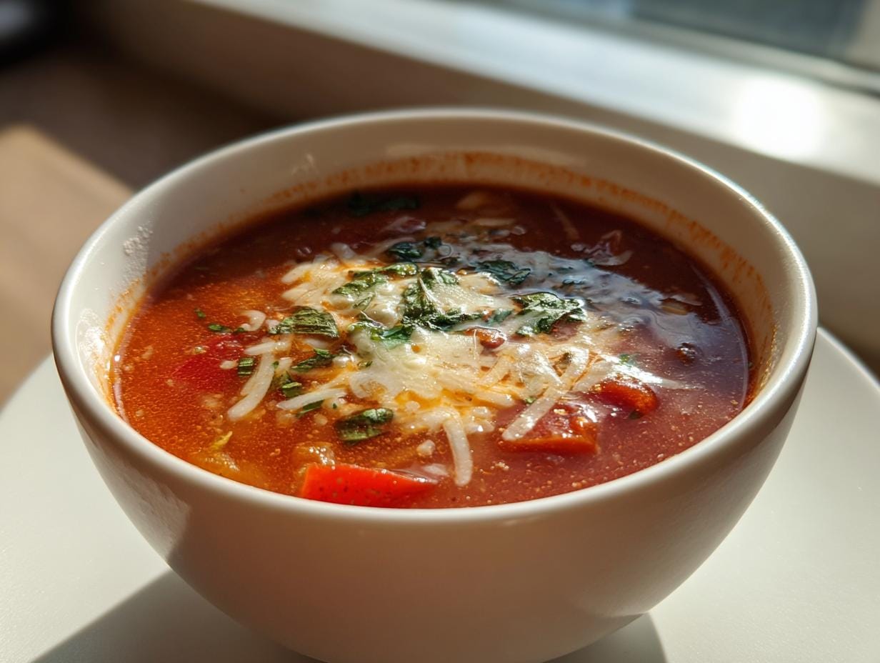 Close-up of Vegane Party Pizza Suppe in a white bowl, topped with vegan cheese and herbs.