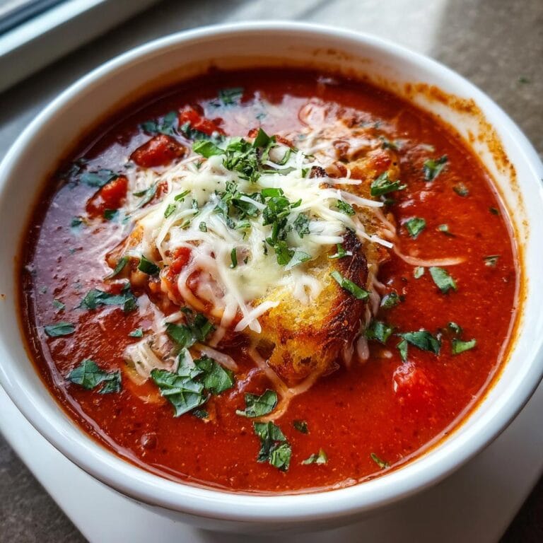 Bowl of Vegane Party Pizza Suppe topped with grilled cheese and fresh herbs.