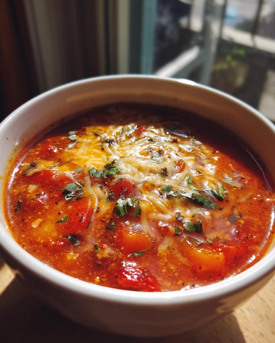 Schüssel mit Vegane Party Pizza Suppe, mit Käse und Kräutern belegt.