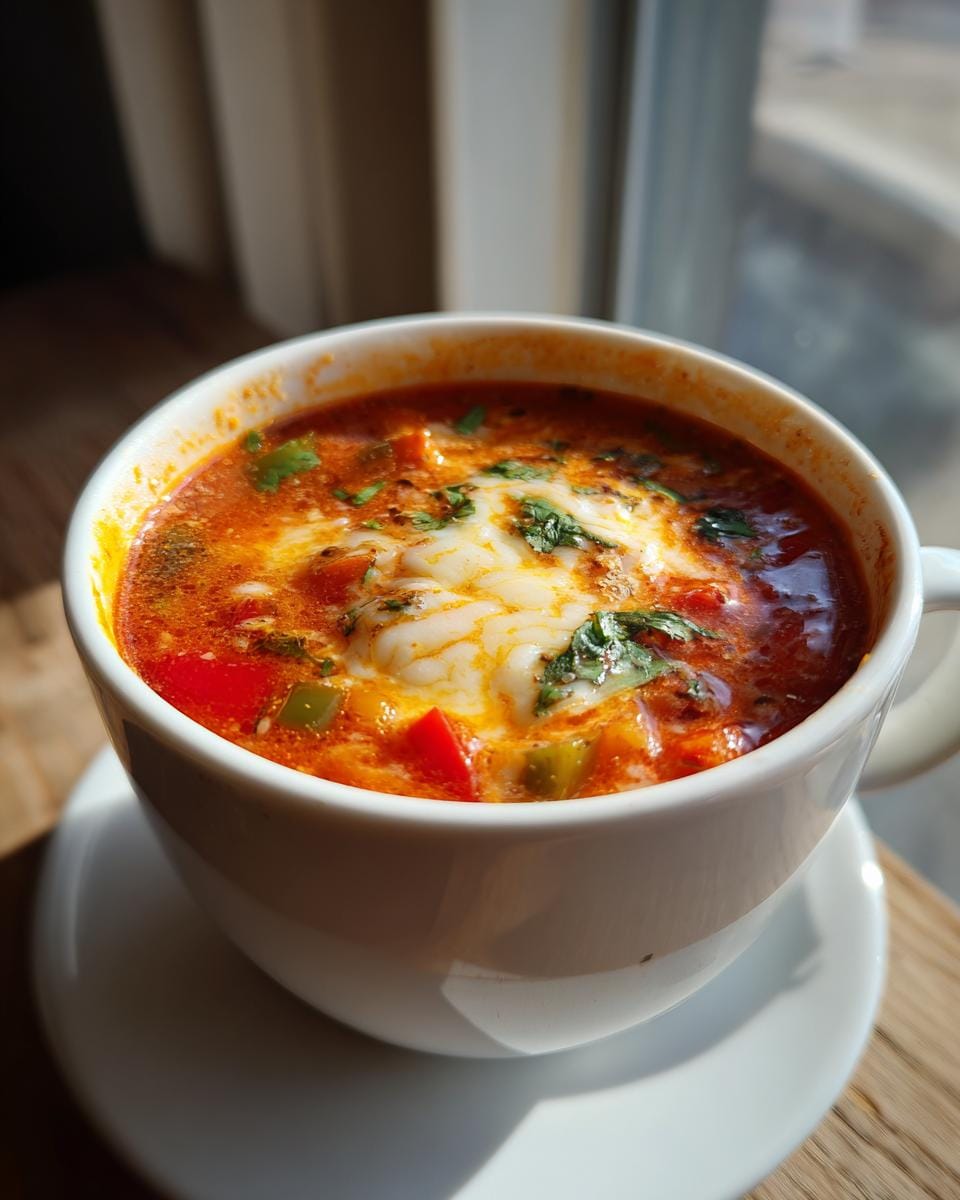 Close-up of Vegane Party Pizza Suppe in a white mug, topped with melted vegan cheese and herbs.