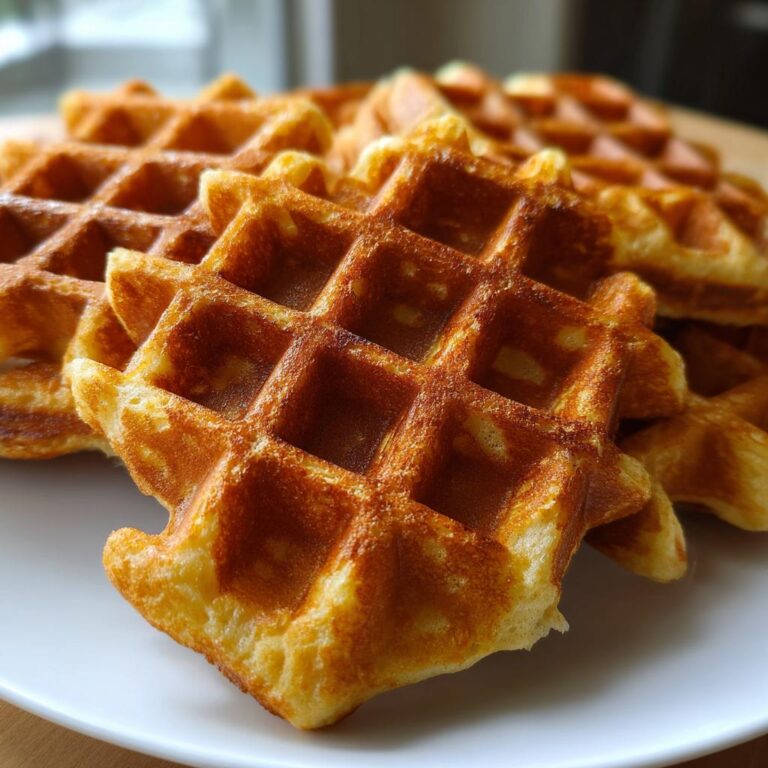 Close-up of golden Vegane Waffeln ohne Zucker stacked on a white plate, showcasing their texture.