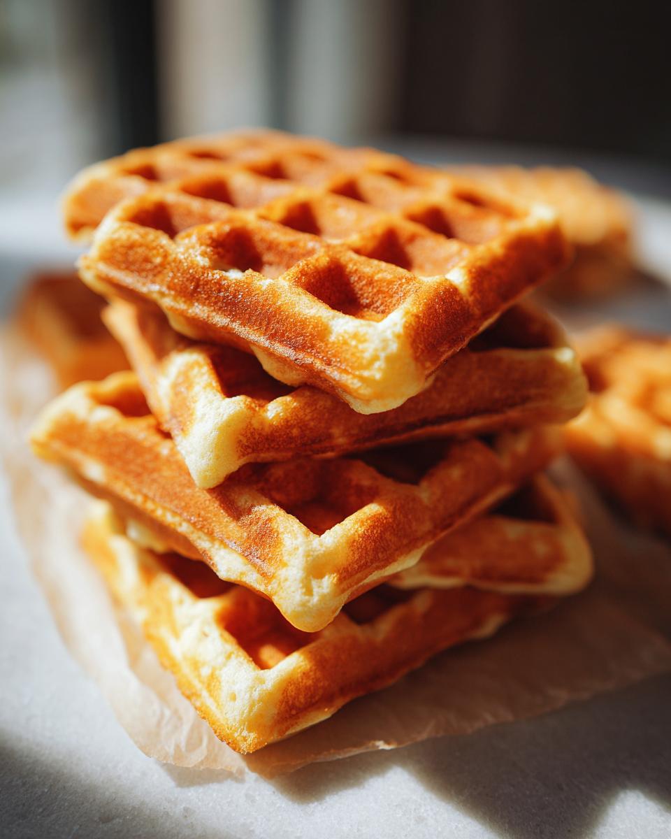 A stack of golden brown Vegane Waffeln ohne Zucker, perfect for a healthy breakfast or dessert.
