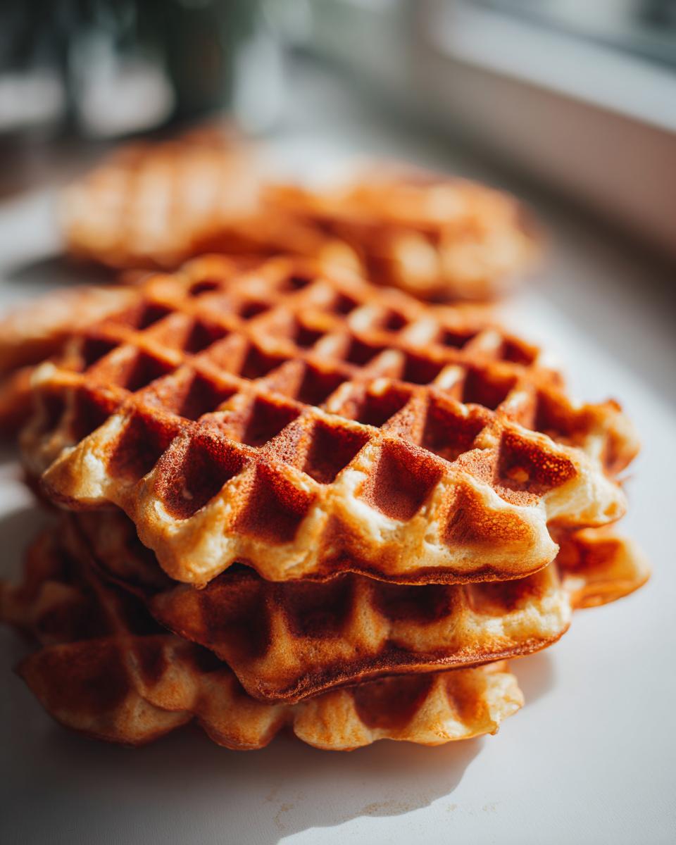 A stack of freshly baked Vegane Waffeln ohne Zucker, golden brown and ready to eat.