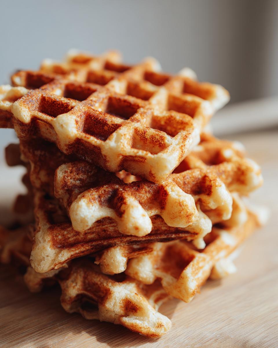 A stack of golden brown Vegane Waffeln ohne Zucker, showcasing their texture and appealing appearance.