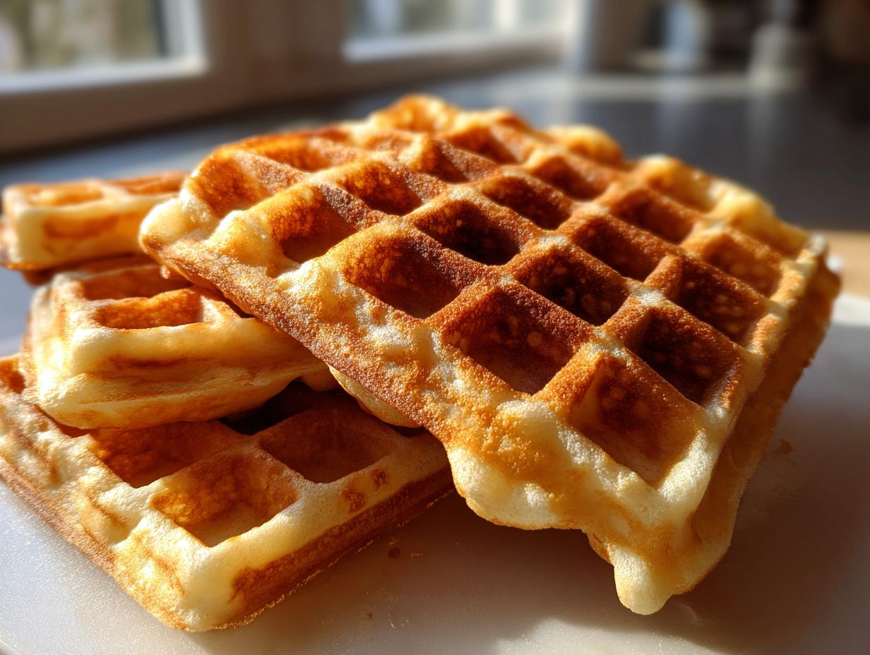 Stack of freshly baked Vegane Waffeln ohne Zucker, golden brown and ready to eat.