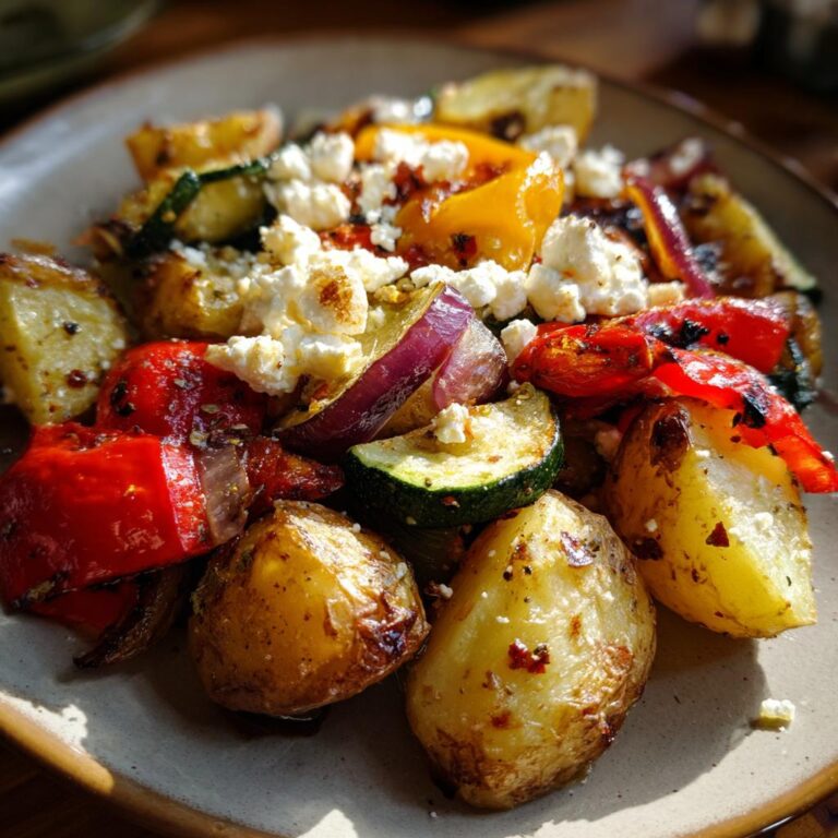 Close-up of Vegetarische Feta-Kartoffeln mit Ofengemüse, featuring roasted potatoes, vegetables, and feta cheese.