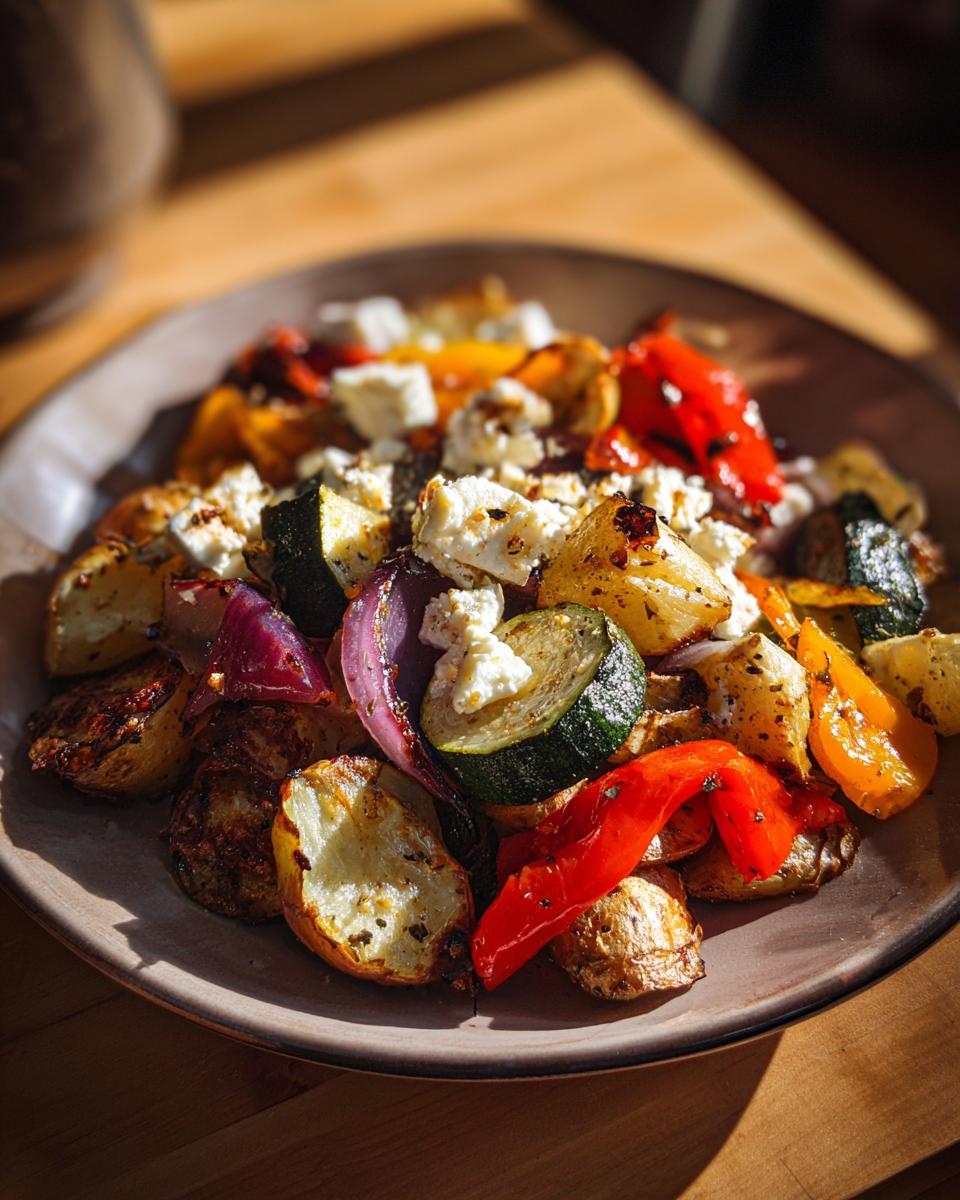 Vegetarische Feta-Kartoffeln mit Ofengemüse on a plate, featuring roasted potatoes, peppers, zucchini, onions, and feta cheese.