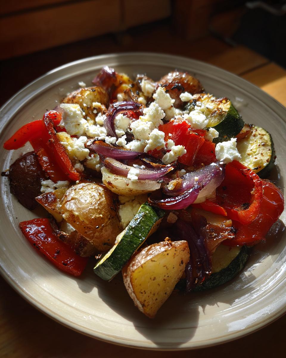 Vegetarische Feta-Kartoffeln mit Ofengemüse: Roasted potatoes, peppers, zucchini, red onion, and feta on a plate.