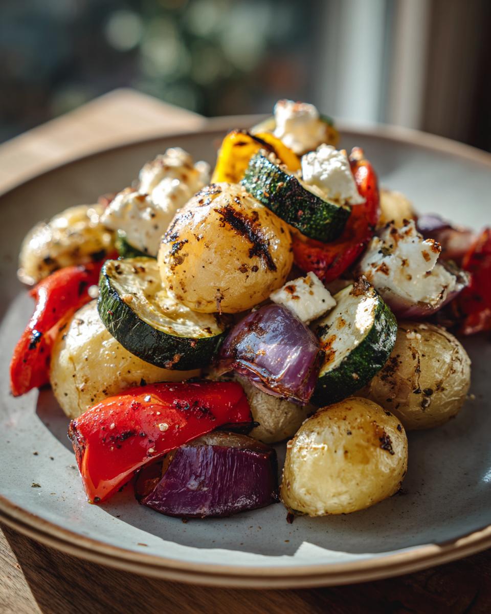Vegetarische Feta-Kartoffeln mit Ofengemüse: Roasted vegetables with feta and potatoes on a plate.