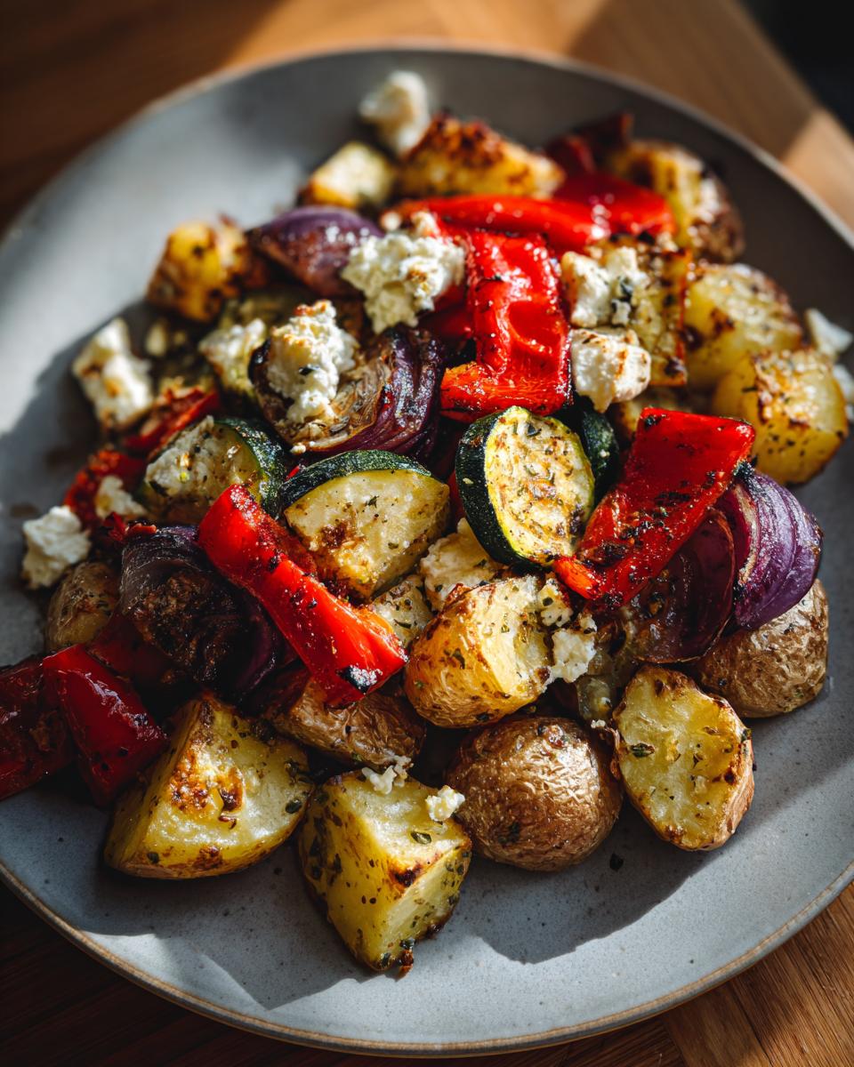 Vegetarische Feta-Kartoffeln mit Ofengemüse on a plate, featuring roasted potatoes, peppers, zucchini, red onion, and feta.