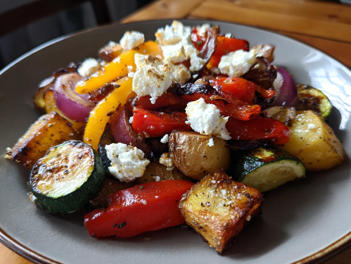 Vegetarische Feta-Kartoffeln mit Ofengemüse on a plate, featuring potatoes, peppers, zucchini, onions, and feta cheese.
