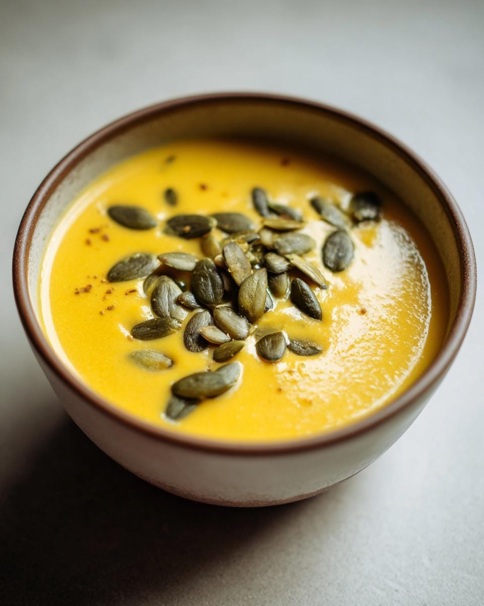 Bowl of Wärmende Kürbissuppe – perfektes Rezept für Halloweenpartys, topped with pumpkin seeds.