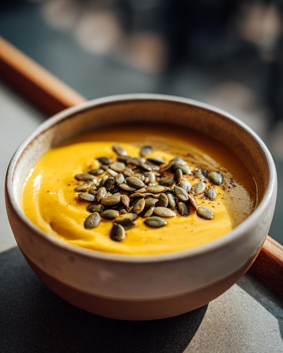 Close-up of Wärmende Kürbissuppe – perfektes Rezept für Halloweenpartys, topped with pumpkin seeds.
