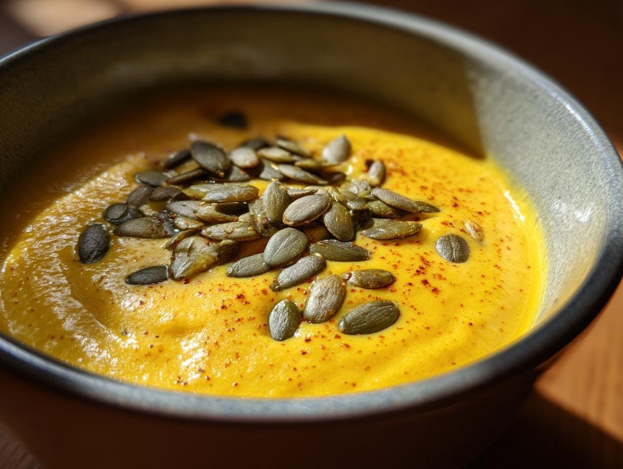 Nahaufnahme einer Schüssel Wärmende Kürbissuppe, garniert mit Kürbiskernen und Gewürzen.
