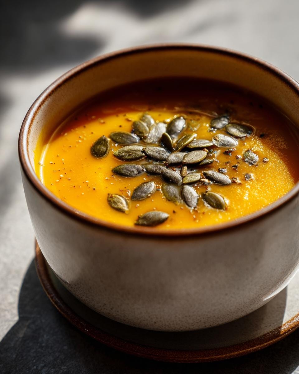 Bowl of wärmende Kürbissuppe garnished with pumpkin seeds, ready for a Halloween party.