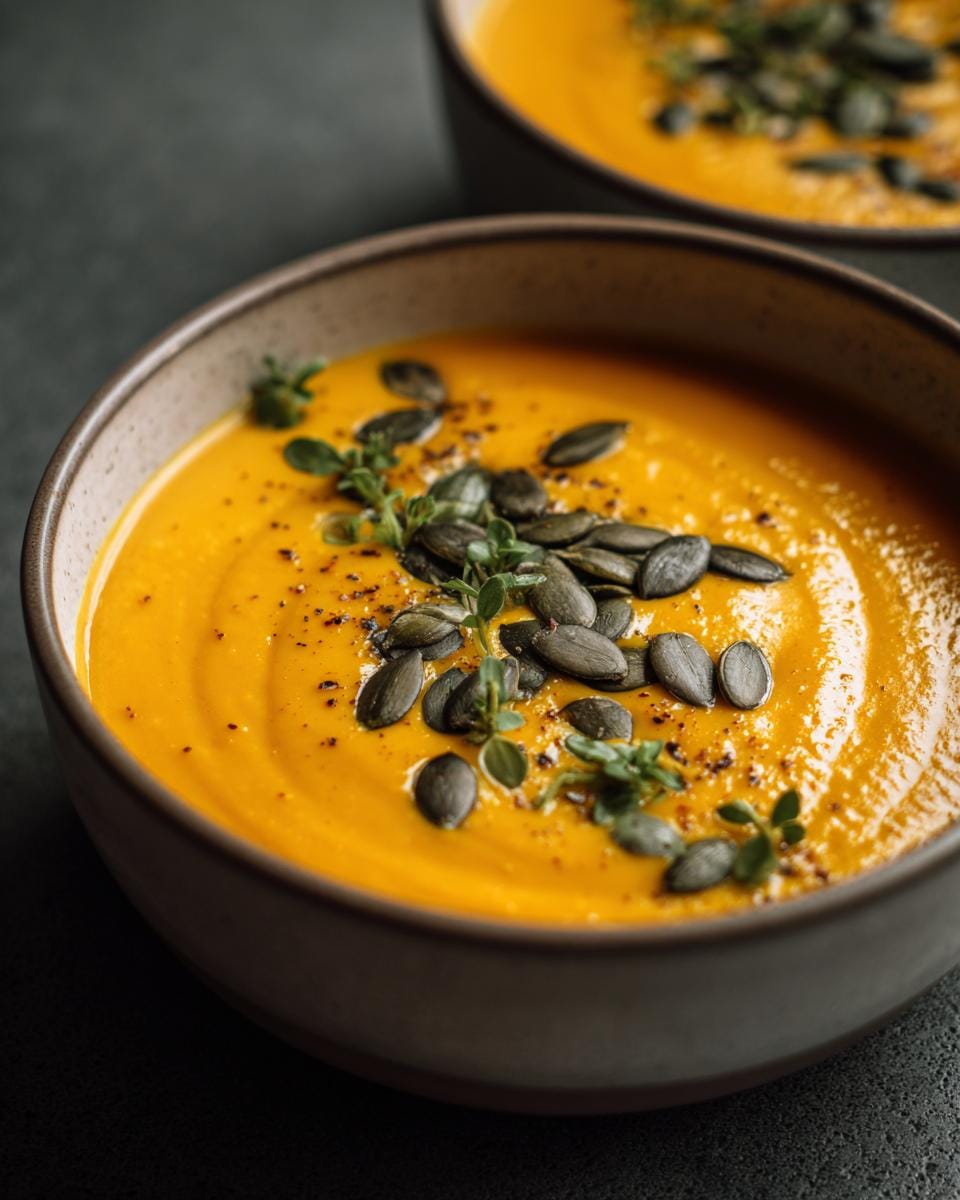 Nahaufnahme einer Schüssel mit Wärmende Kürbissuppe, garniert mit Kürbiskernen und Kräutern.