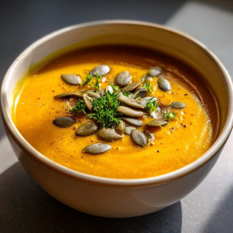 Bowl of Wärmende Kürbissuppe garnished with pumpkin seeds and parsley, perfect for Halloween.