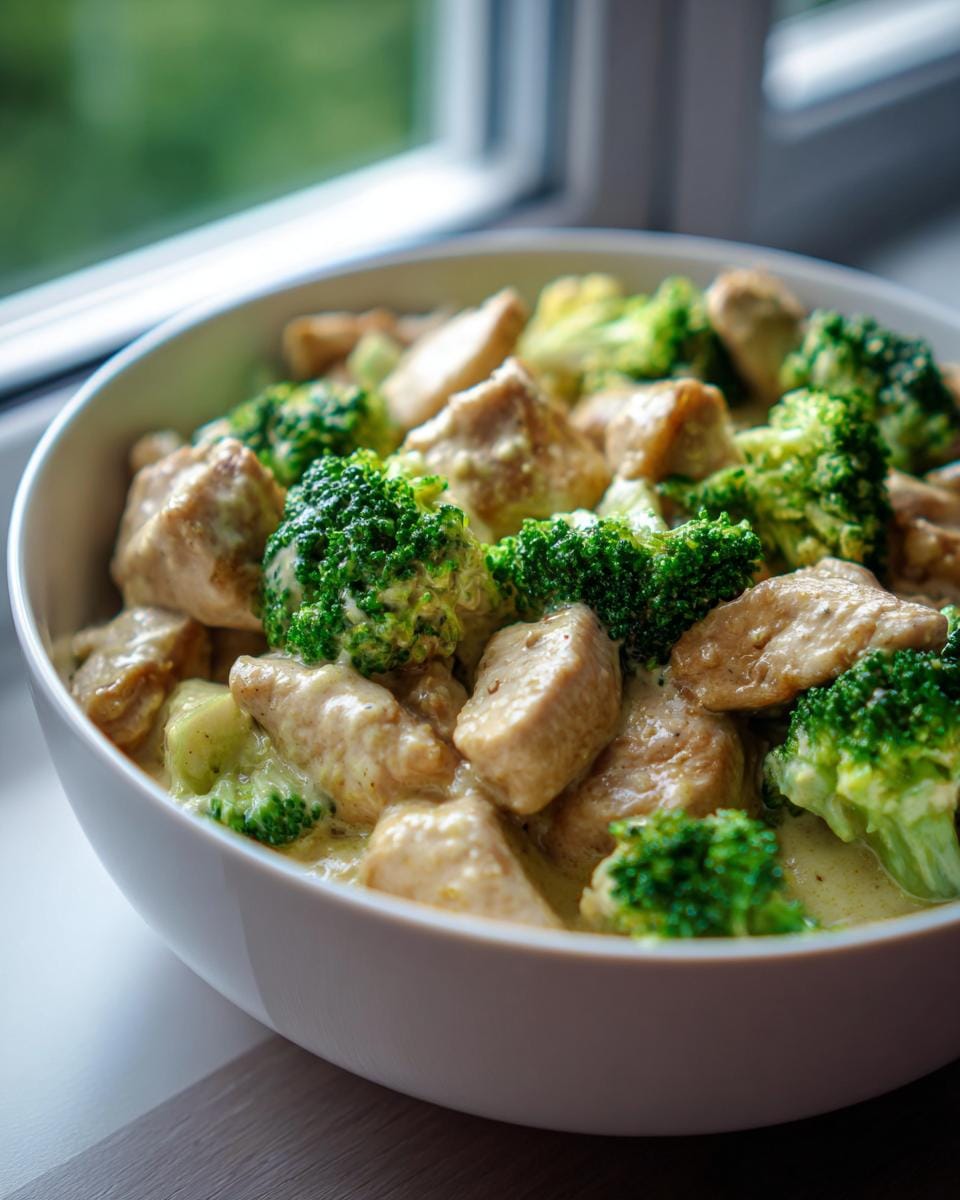 A bowl of chicken and broccoli in a creamy sauce, perfect for WAS KOCHE ICH HEUTE - schnell und gesund zu Abend essen.