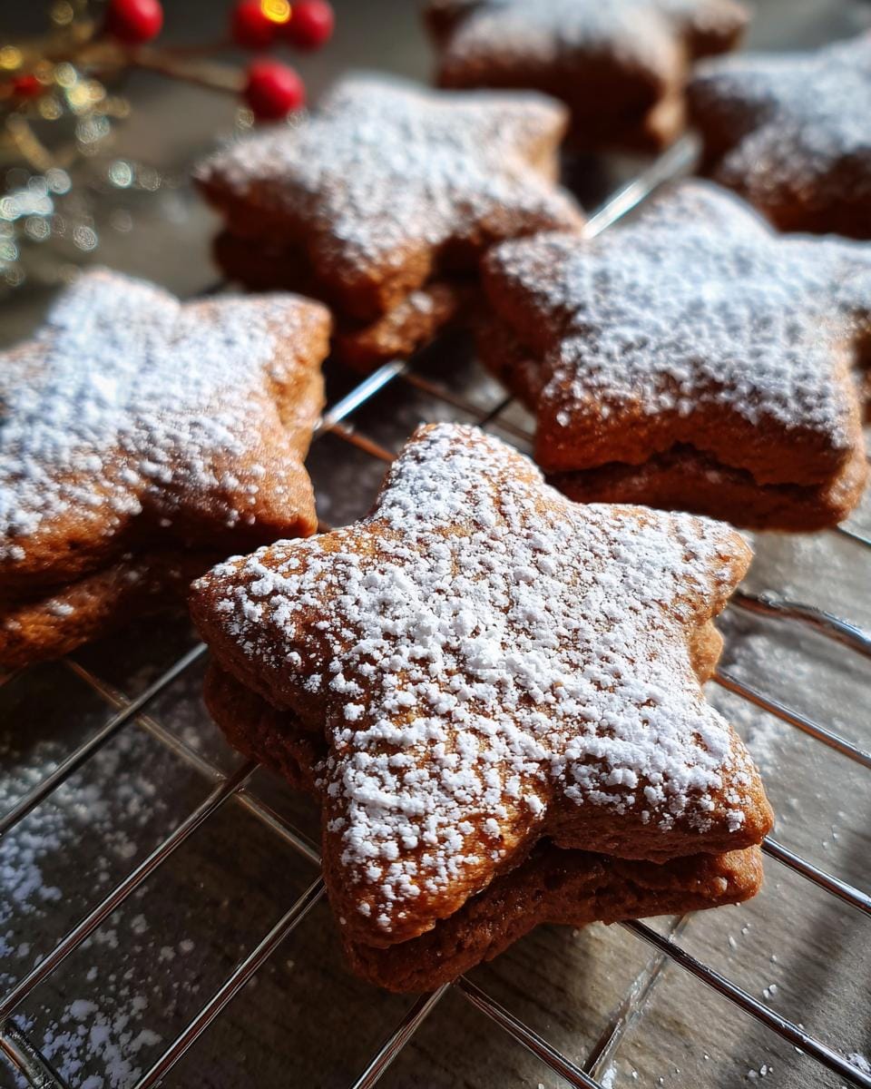 Close-up of Weiche Zimtsterne Plätzchen, soft cinnamon star cookies, dusted with powdered sugar on a wire rack.