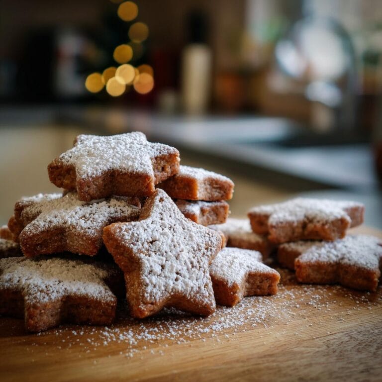 Pile of Weiche Zimtsterne Plätzchen dusted with powdered sugar on a wooden board, Christmas lights in background.